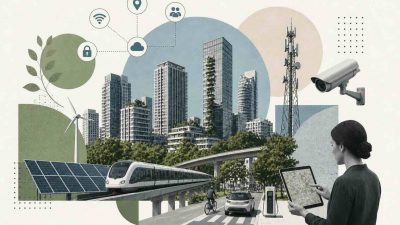 An illustration showing smart city infrastructure including IoT-connected transportation systems, smart energy grids, AI-powered public safety monitoring, digital water management, and citizen engagement platforms across a modern urban landscape.