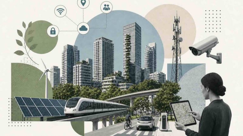 An illustration showing smart city infrastructure including IoT-connected transportation systems, smart energy grids, AI-powered public safety monitoring, digital water management, and citizen engagement platforms across a modern urban landscape.