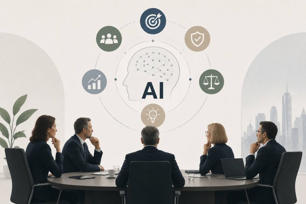 C-suite executives reviewing AI strategy dashboards and enterprise performance data in a modern corporate boardroom setting for 2026 planning