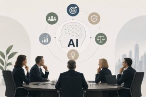 C-suite executives reviewing AI strategy dashboards and enterprise performance data in a modern corporate boardroom setting for 2026 planning
