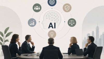C-suite executives reviewing AI strategy dashboards and enterprise performance data in a modern corporate boardroom setting for 2026 planning