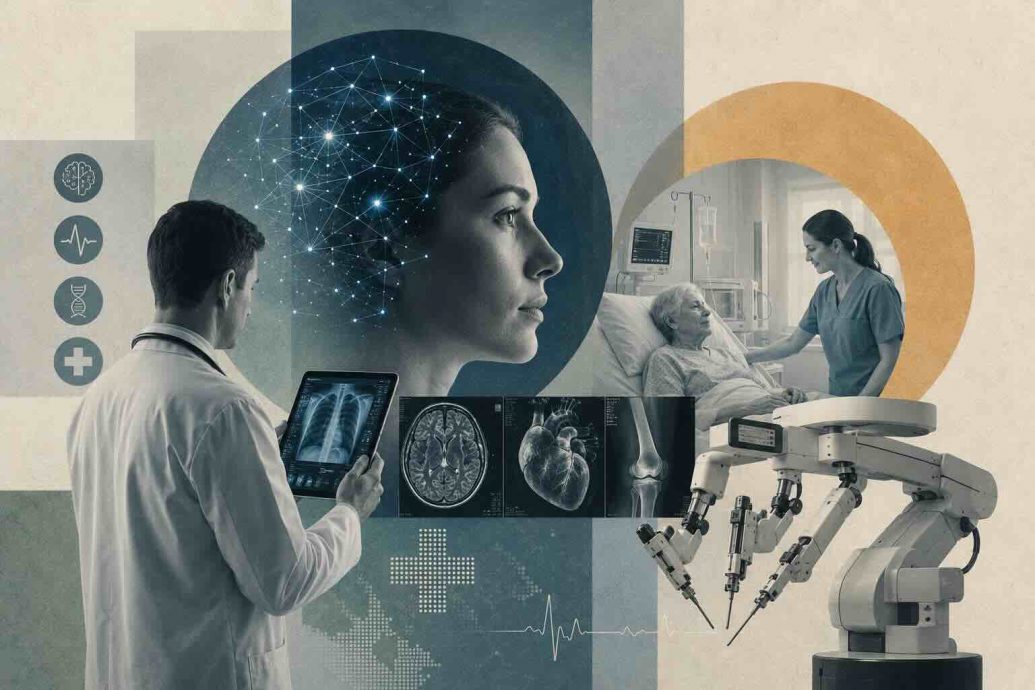 Impact of artificial intelligence in healthcare sector showing AI diagnostics, drug discovery, robotic surgery, and clinical decision support