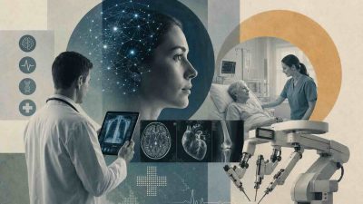 Impact of artificial intelligence in healthcare sector showing AI diagnostics, drug discovery, robotic surgery, and clinical decision support