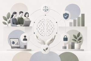 Business professionals reviewing responsible AI governance framework documents and compliance dashboards highlighting ethical AI deployment strategies for enterprise success