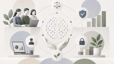 Business professionals reviewing responsible AI governance framework documents and compliance dashboards highlighting ethical AI deployment strategies for enterprise success