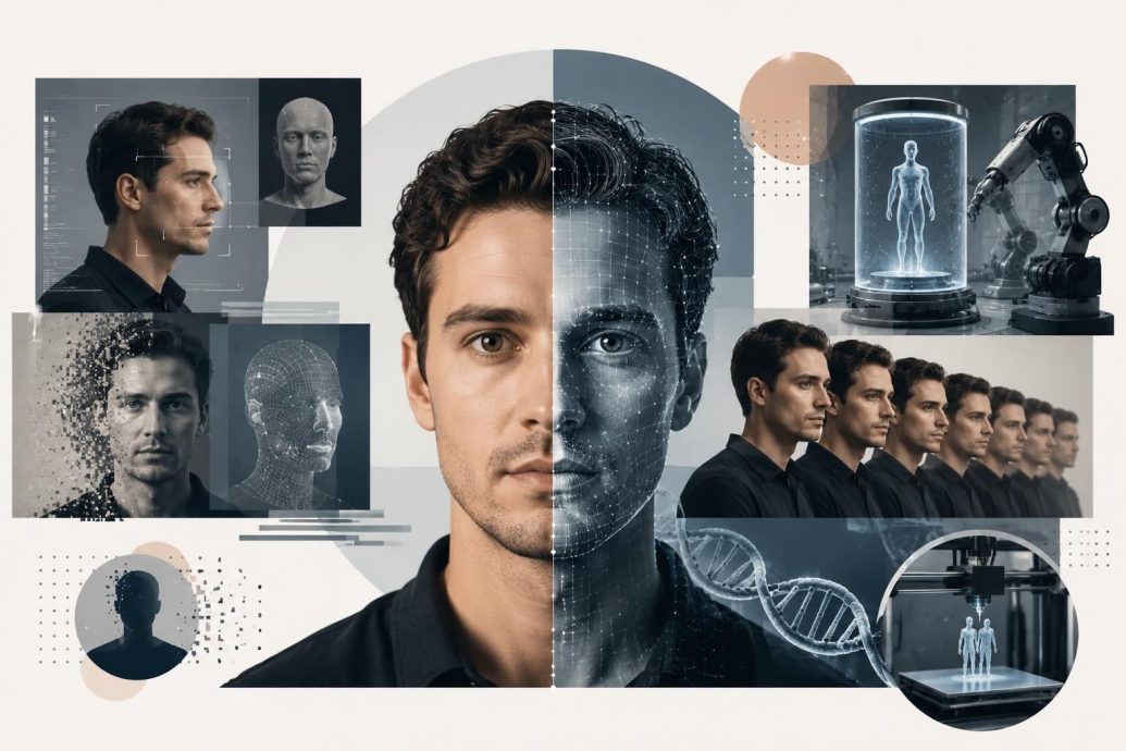 AI digital twin technology showing a human face being replicated through neural networks with voice waveform and personality data visualization in 2026.