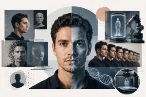 AI digital twin technology showing a human face being replicated through neural networks with voice waveform and personality data visualization in 2026.