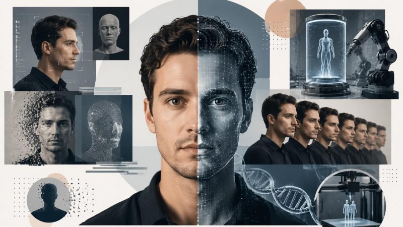 AI digital twin technology showing a human face being replicated through neural networks with voice waveform and personality data visualization in 2026.