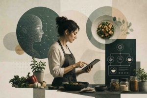 AI and recipes concept showing a smart kitchen interface generating personalized meal suggestions from available ingredients