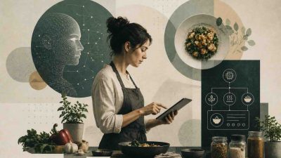 AI and recipes concept showing a smart kitchen interface generating personalized meal suggestions from available ingredients