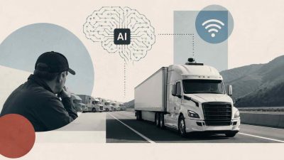 AI disrupting trucking industry with autonomous trucks, fleet management dashboards, and predictive maintenance systems transforming freight operations in 2026