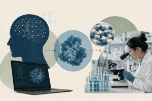 AI in drug discovery visualization showing molecular design, protein structure prediction, and clinical trial optimization powered by machine learning and generative AI models