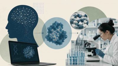 AI in drug discovery visualization showing molecular design, protein structure prediction, and clinical trial optimization powered by machine learning and generative AI models