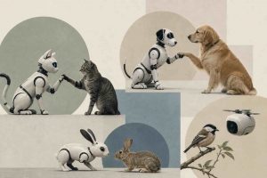 Animals interact with AI robots in research, conservation, and agriculture settings showing biomimetic design and sensor technology