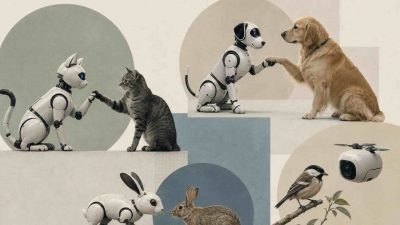 Animals interact with AI robots in research, conservation, and agriculture settings showing biomimetic design and sensor technology