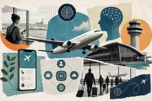 Artificial intelligence systems integrated across aviation operations including predictive maintenance dashboards, biometric airport corridors, AI flight path optimization displays, and autonomous aircraft cockpit technology