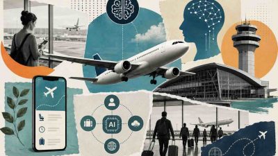 Artificial intelligence systems integrated across aviation operations including predictive maintenance dashboards, biometric airport corridors, AI flight path optimization displays, and autonomous aircraft cockpit technology