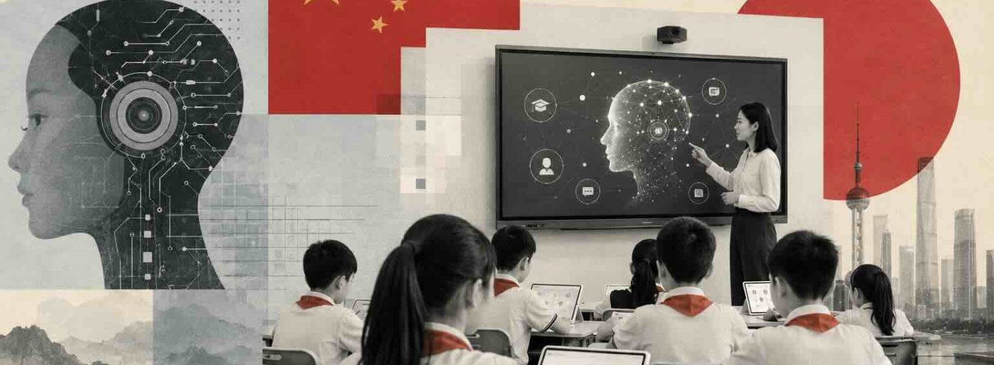 Chinese students using AI powered tablets and smart classroom technology with an AI infrared blackboard in a modern school setting