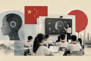 Chinese students using AI powered tablets and smart classroom technology with an AI infrared blackboard in a modern school setting