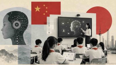 Chinese students using AI powered tablets and smart classroom technology with an AI infrared blackboard in a modern school setting
