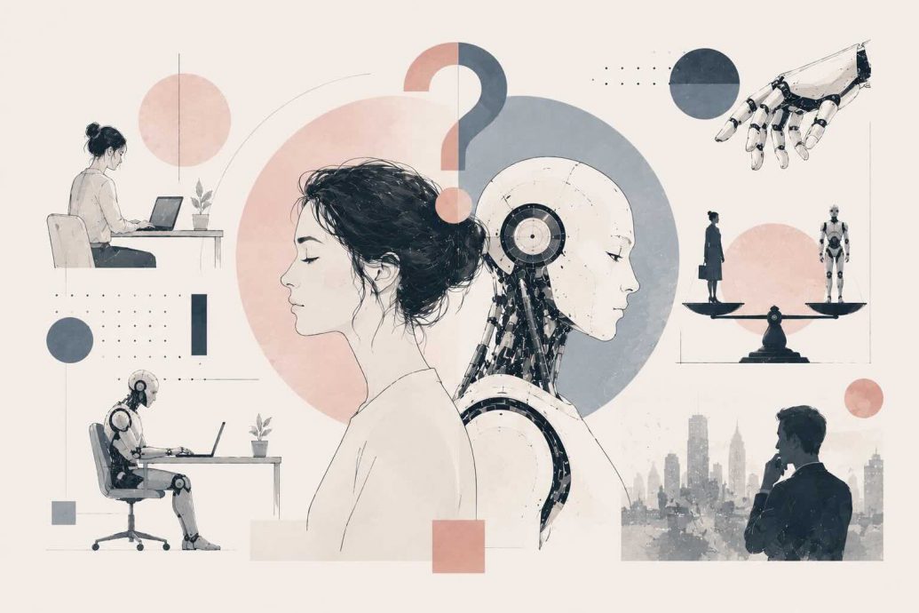 Visual comparison of artificial intelligence capabilities versus uniquely human strengths in the evolving workplace, showing the spectrum from full automation to human-AI collaboration across industries.