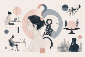 Visual comparison of artificial intelligence capabilities versus uniquely human strengths in the evolving workplace, showing the spectrum from full automation to human-AI collaboration across industries.