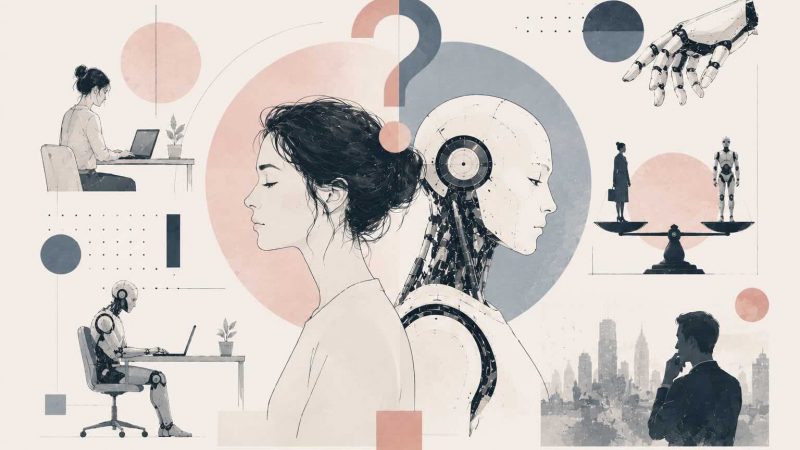 Visual comparison of artificial intelligence capabilities versus uniquely human strengths in the evolving workplace, showing the spectrum from full automation to human-AI collaboration across industries.