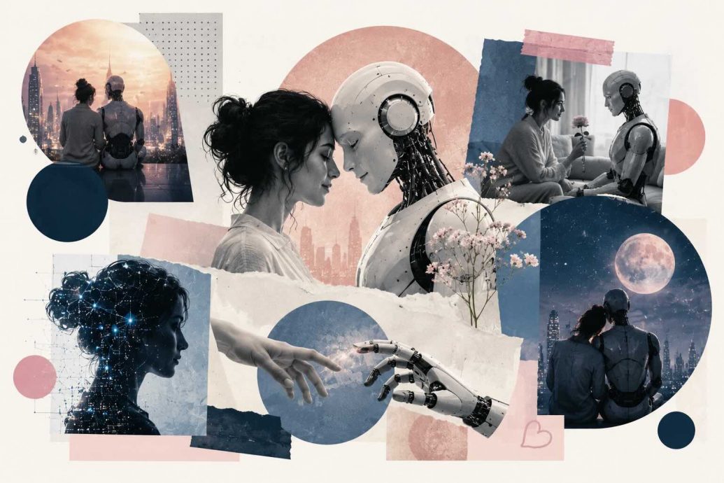Conceptual illustration of a human hand reaching toward a glowing AI companion interface, symbolizing emotional connection between humans and artificial intelligence