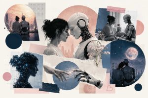 Conceptual illustration of a human hand reaching toward a glowing AI companion interface, symbolizing emotional connection between humans and artificial intelligence