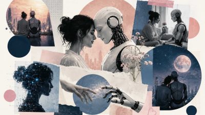 Conceptual illustration of a human hand reaching toward a glowing AI companion interface, symbolizing emotional connection between humans and artificial intelligence