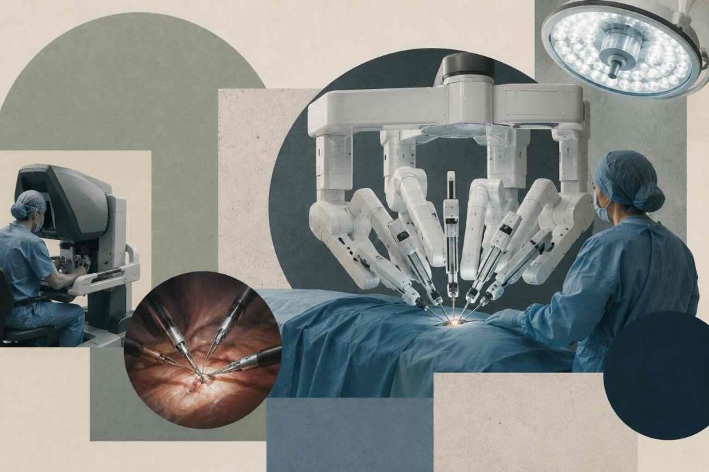 Robotic surgery system with da Vinci robotic arms performing minimally invasive procedure in modern operating room