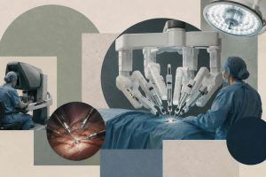 Robotic surgery system with da Vinci robotic arms performing minimally invasive procedure in modern operating room