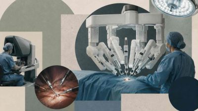 Robotic surgery system with da Vinci robotic arms performing minimally invasive procedure in modern operating room