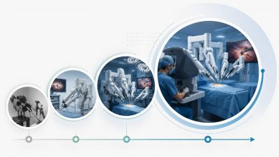 Timeline illustration showing the evolution of robotic surgery from the 1985 PUMA 560 brain biopsy through ROBODOC, da Vinci system generations, and modern AI-integrated surgical robots