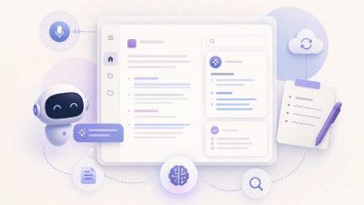 AI powered note taking app interface showing intelligent transcription, semantic search, and automated knowledge organization features