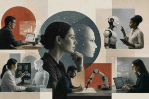Working with AI real stories of human-machine collaboration showing people and AI systems working together across healthcare, manufacturing, and knowledge work environments