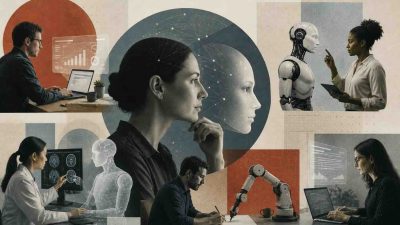 Working with AI real stories of human-machine collaboration showing people and AI systems working together across healthcare, manufacturing, and knowledge work environments