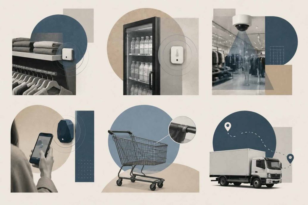 Six examples of IoT technology transforming the retail industry including smart shelves, cashierless checkout, beacon marketing, supply chain sensors, digital twins, and energy management systems