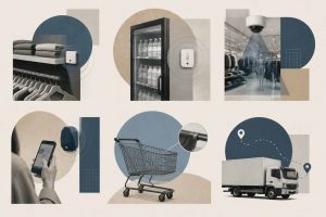 Six examples of IoT technology transforming the retail industry including smart shelves, cashierless checkout, beacon marketing, supply chain sensors, digital twins, and energy management systems