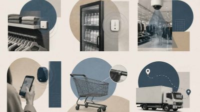 Six examples of IoT technology transforming the retail industry including smart shelves, cashierless checkout, beacon marketing, supply chain sensors, digital twins, and energy management systems