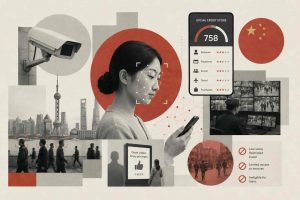 Infographic showing China's social credit system structure, including data flows between government agencies, corporate compliance monitoring, and individual blacklist mechanisms