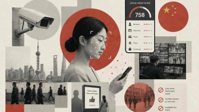 Infographic showing China's social credit system structure, including data flows between government agencies, corporate compliance monitoring, and individual blacklist mechanisms