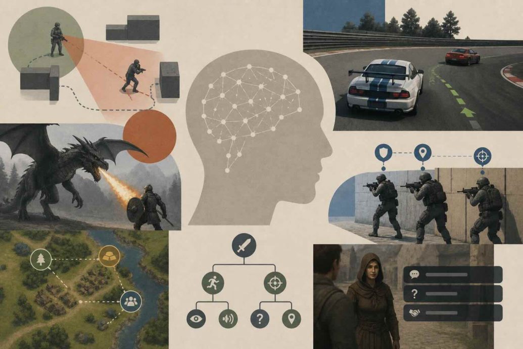 AI-powered video game characters interacting with players in a dynamic open world environment using machine learning and neural networks.