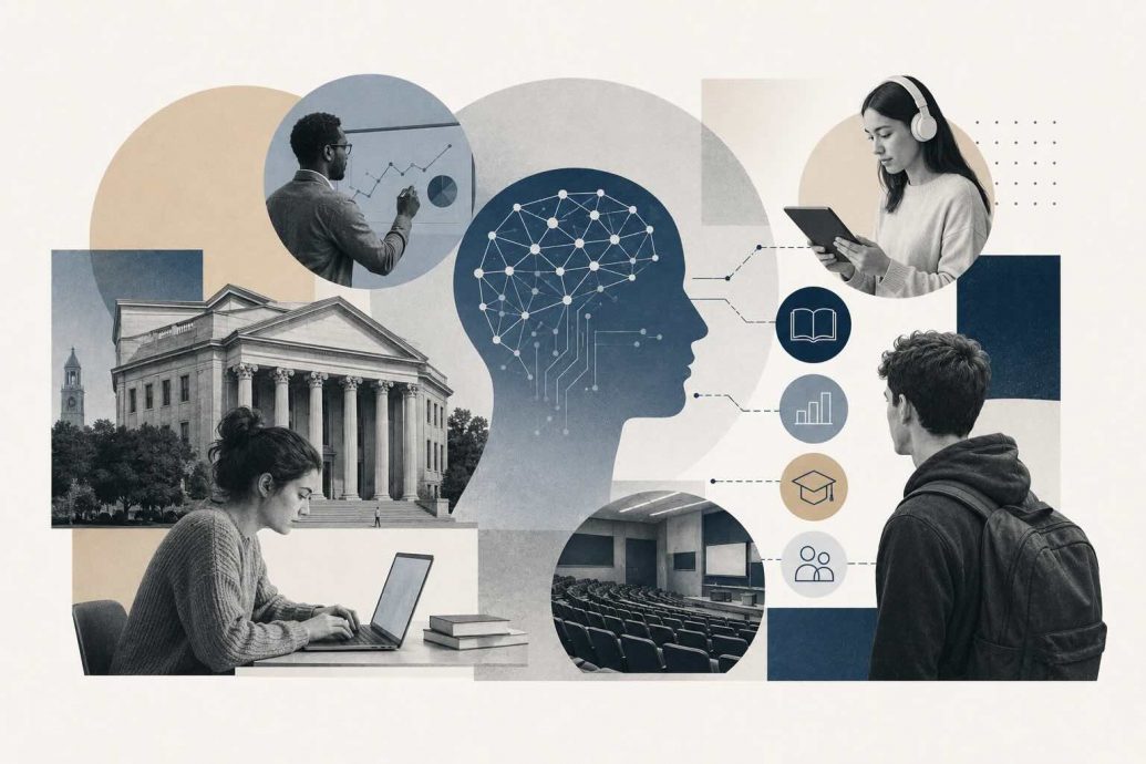 AI in higher education showing digital learning interfaces, predictive analytics dashboards, and adaptive tutoring systems used by university students and administrators.