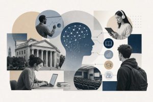 AI in higher education showing digital learning interfaces, predictive analytics dashboards, and adaptive tutoring systems used by university students and administrators.