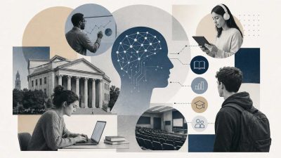 AI in higher education showing digital learning interfaces, predictive analytics dashboards, and adaptive tutoring systems used by university students and administrators.