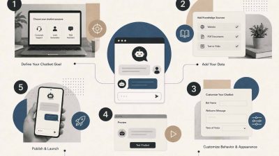 No-code AI chatbot builder interface showing drag-and-drop conversation flow design and training data upload on a visual platform in 2026