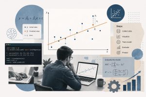 Linear regression in machine learning visualization showing a best-fit line through scattered data points with Python scikit-learn code and performance metrics displayed