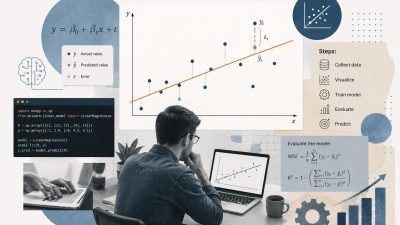 Linear regression in machine learning visualization showing a best-fit line through scattered data points with Python scikit-learn code and performance metrics displayed