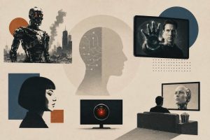 Comparison of fictional AI robots from movies and real world AI software running on cloud servers highlighting misconceptions about artificial intelligence.